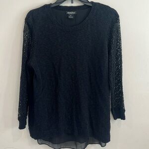 Lucky Brand Women’s Sweater Blouse Lace Arms Black Top Size XL